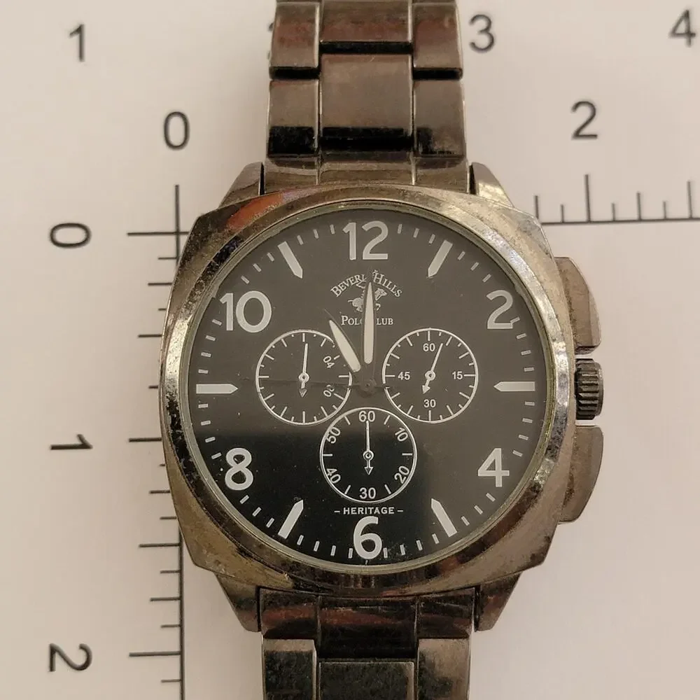 Beverly Hills Polo Club Mens Watch 44mm Black Dial Silver Stainless Bracelet